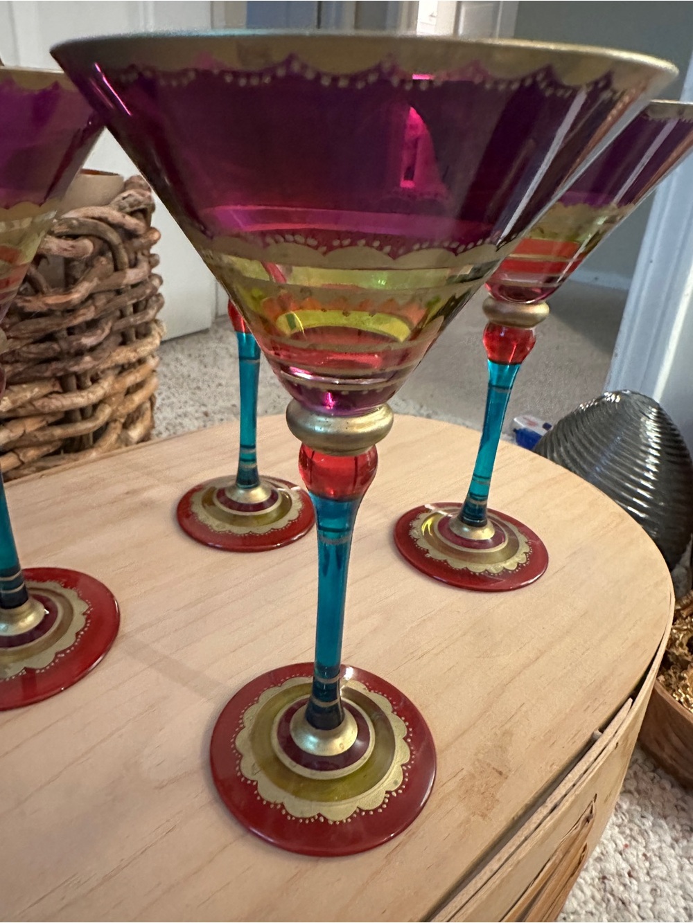 Pier 1 Festive Martini Glasses: Colorful Abstract Drinkware with Gold Accents